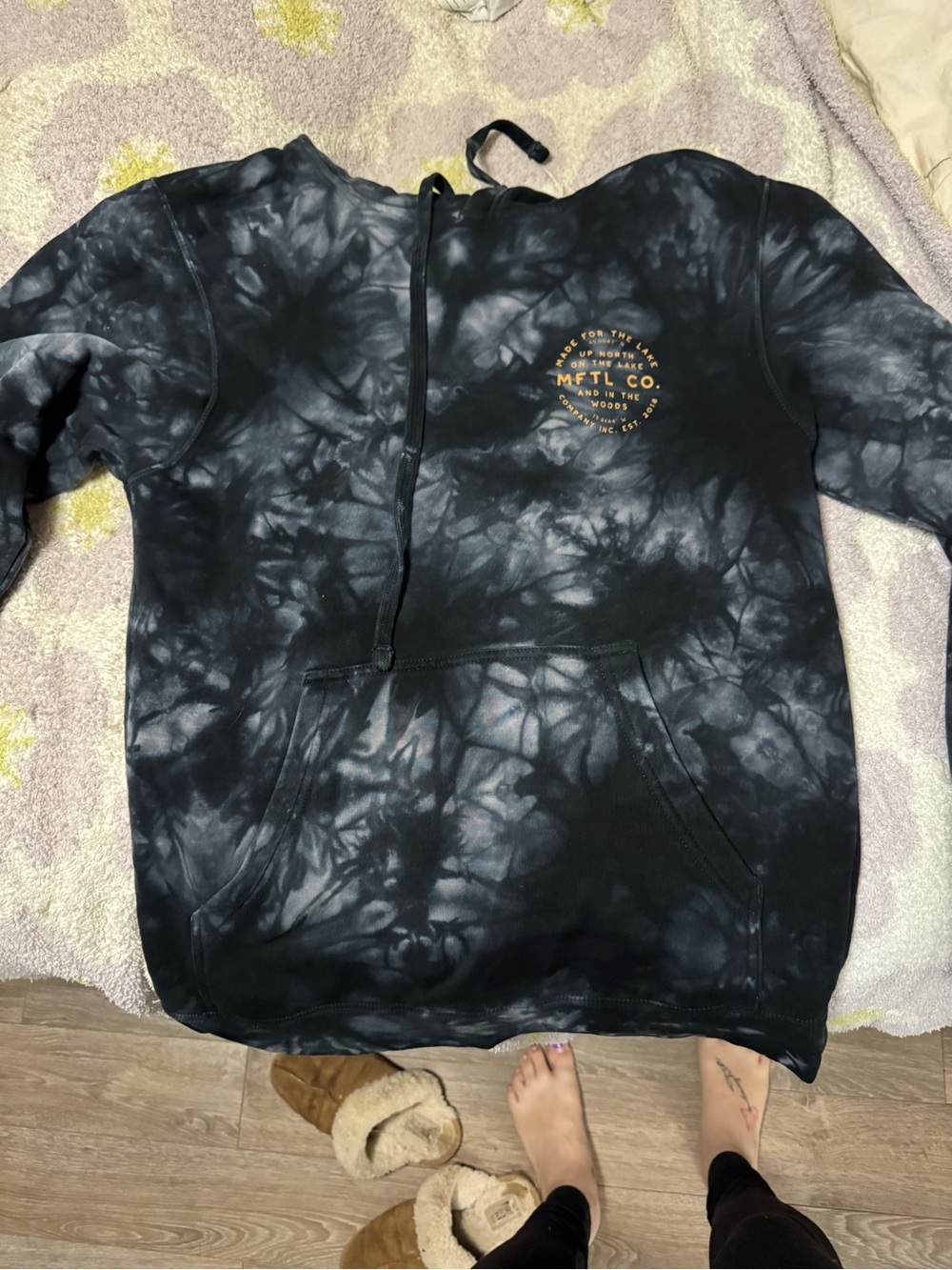 Made For the Lake Tie-Dye Black & Gray Hoodie with Small Chest Graphic